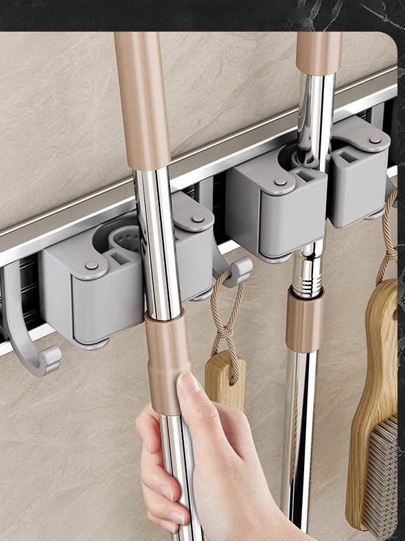 Wall Mounted Mop and Broom Holder Rack Aluminium Organiser with Hooks Adjustable Storage Shelf