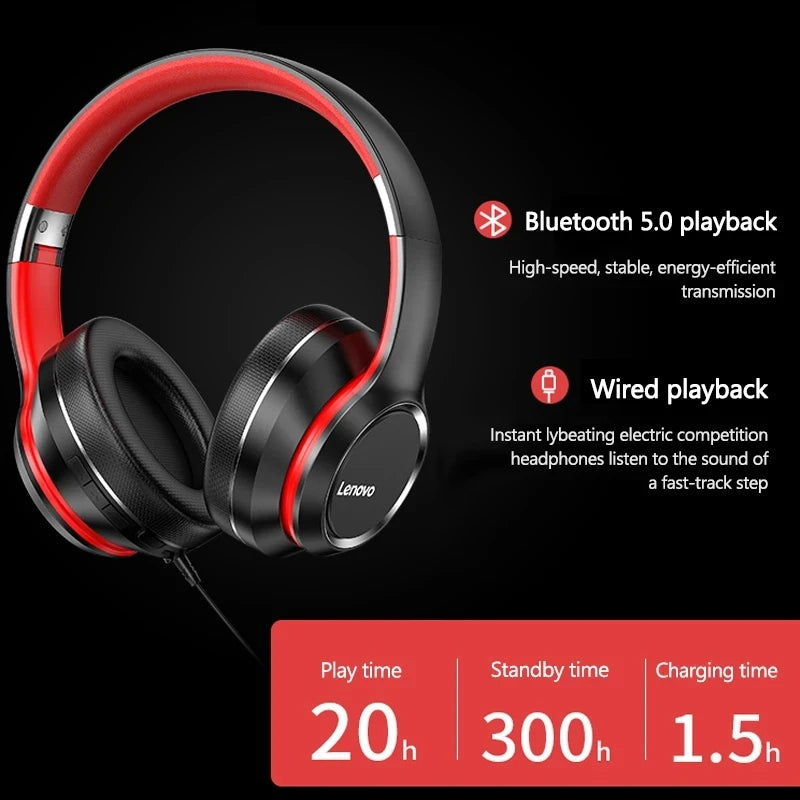 LENOVO HD200 Bluetooth Wireless Over-Ear Headphones Noise Cancelling HiFi Stereo Gaming Headset Foldable