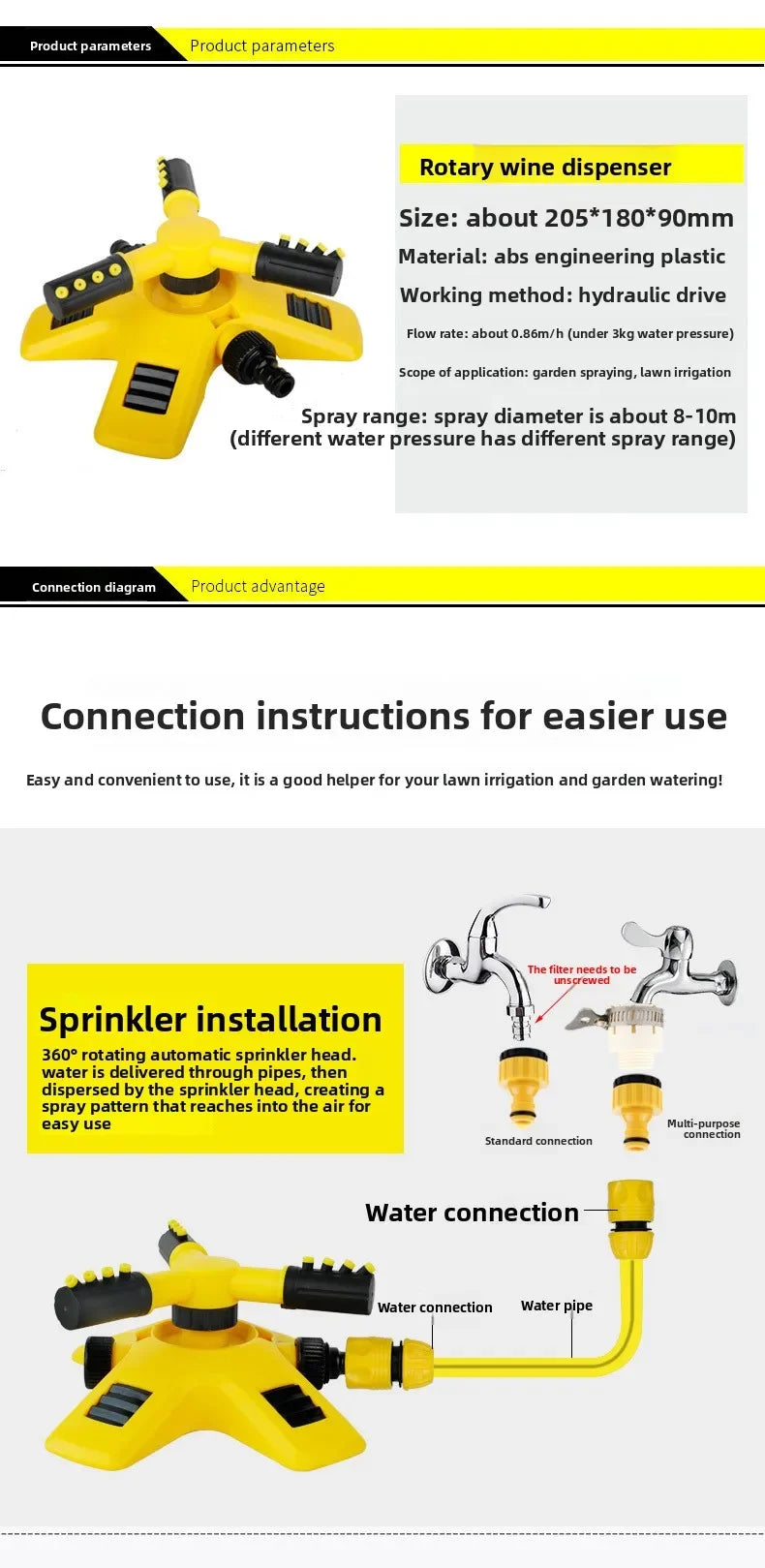 360 Degree Rotating Garden Sprinkler Three Pronged Automatic Watering System for Lawns and Plants
