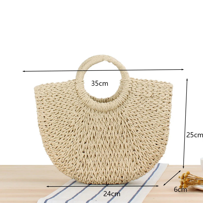 Moon-Shaped Handmade Straw Beach Bag Boho Chic Summer Tote for Women Travel & Holidays