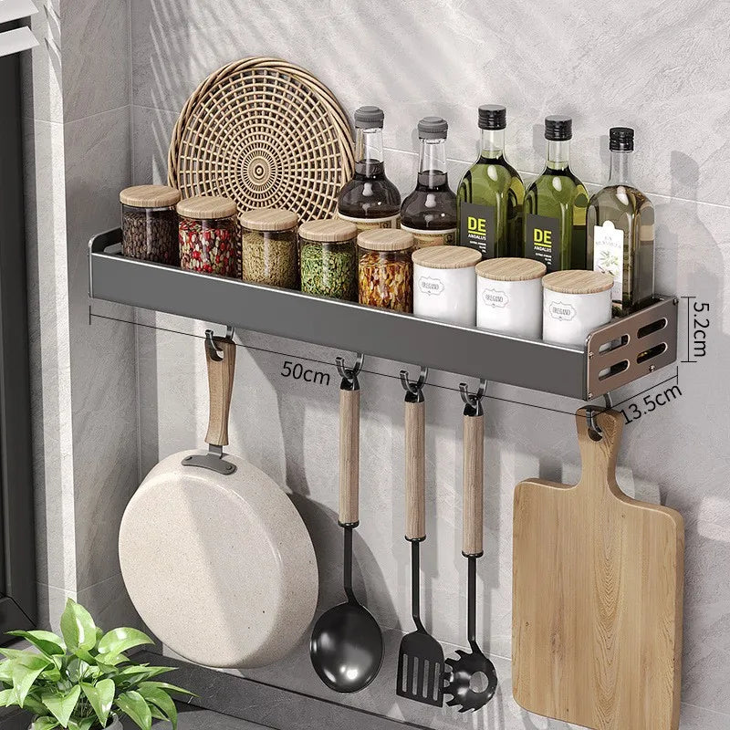 Wall Mount Utensil Holder Kitchen Storage Shelf with Hooks Spice Rack Organiser Stainless Steel