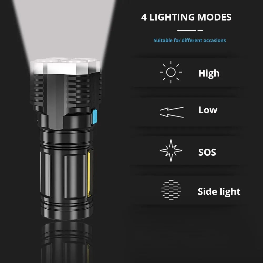 Rechargeable LED Camping Flashlight with COB Side Light USB Torch IP64 Waterproof 4 Modes 100m Beam