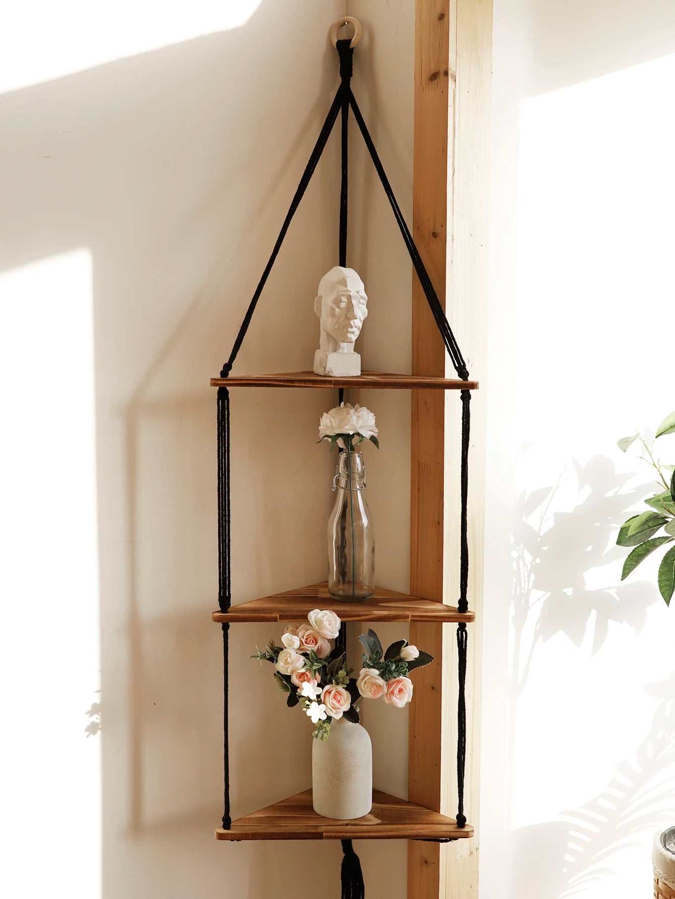 Wooden Corner Floating Macrame Shelf Boho Wall Organiser Plant Candle Photo Display Home Decor