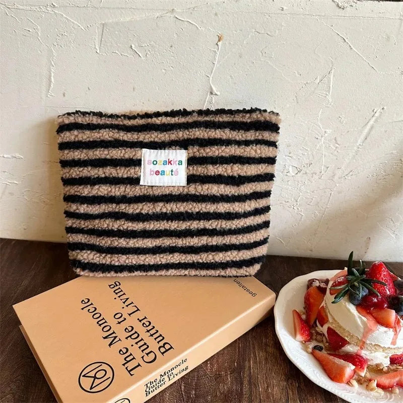 Striped Plush Clutch Cosmetic Bag Large Capacity Stylish Travel Makeup and Toiletries Pouch