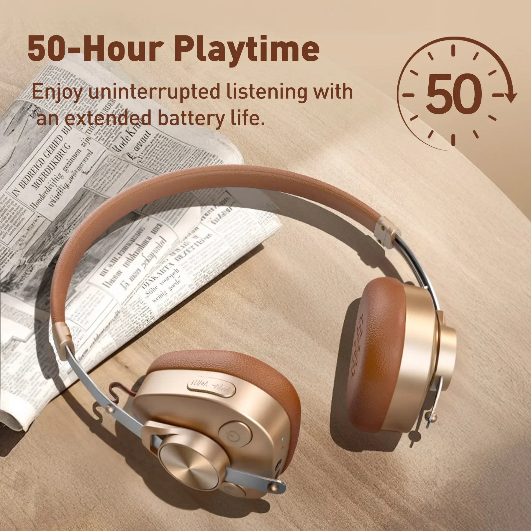 ONEODIO F4 Retro Wireless Bluetooth 5.4 On-Ear Headphones Hi-Res Audio 50H Playtime Brown