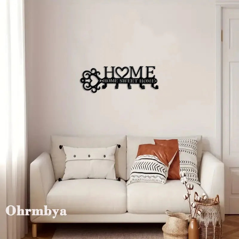 HOME SWEET HOME Metal Wall Hanger with 5 Hooks – Decorative Key, Coat & Towel Rack for Modern Homes