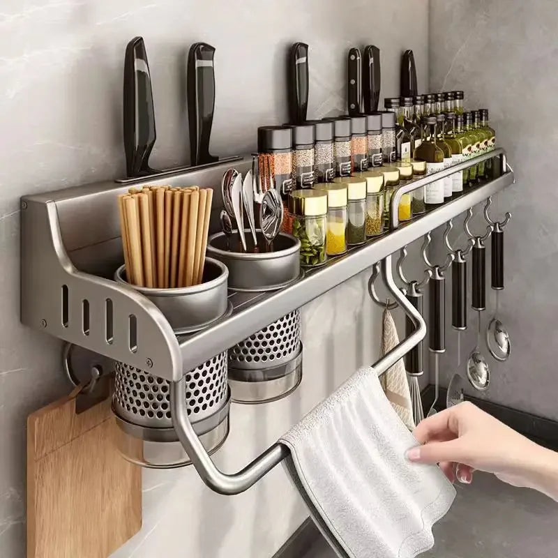 Multifunctional Kitchen Storage Rack Wall-Mounted Spice Holder Cutting Board & Utensils Organiser