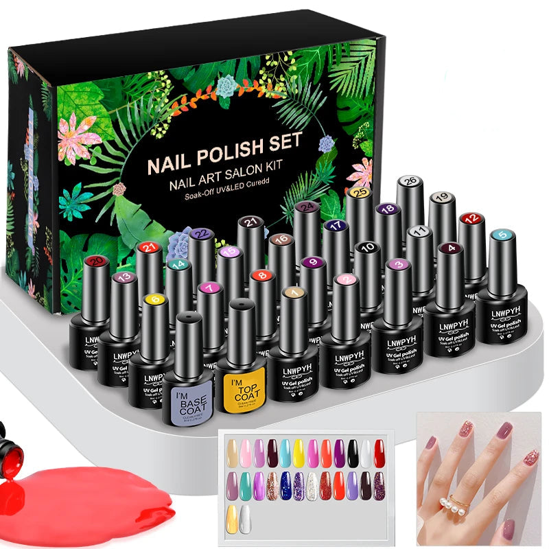 26 Colour GEL NAIL POLISH KIT Semi Permanent UV LED Gel Varnish Set with Base and Top Coat
