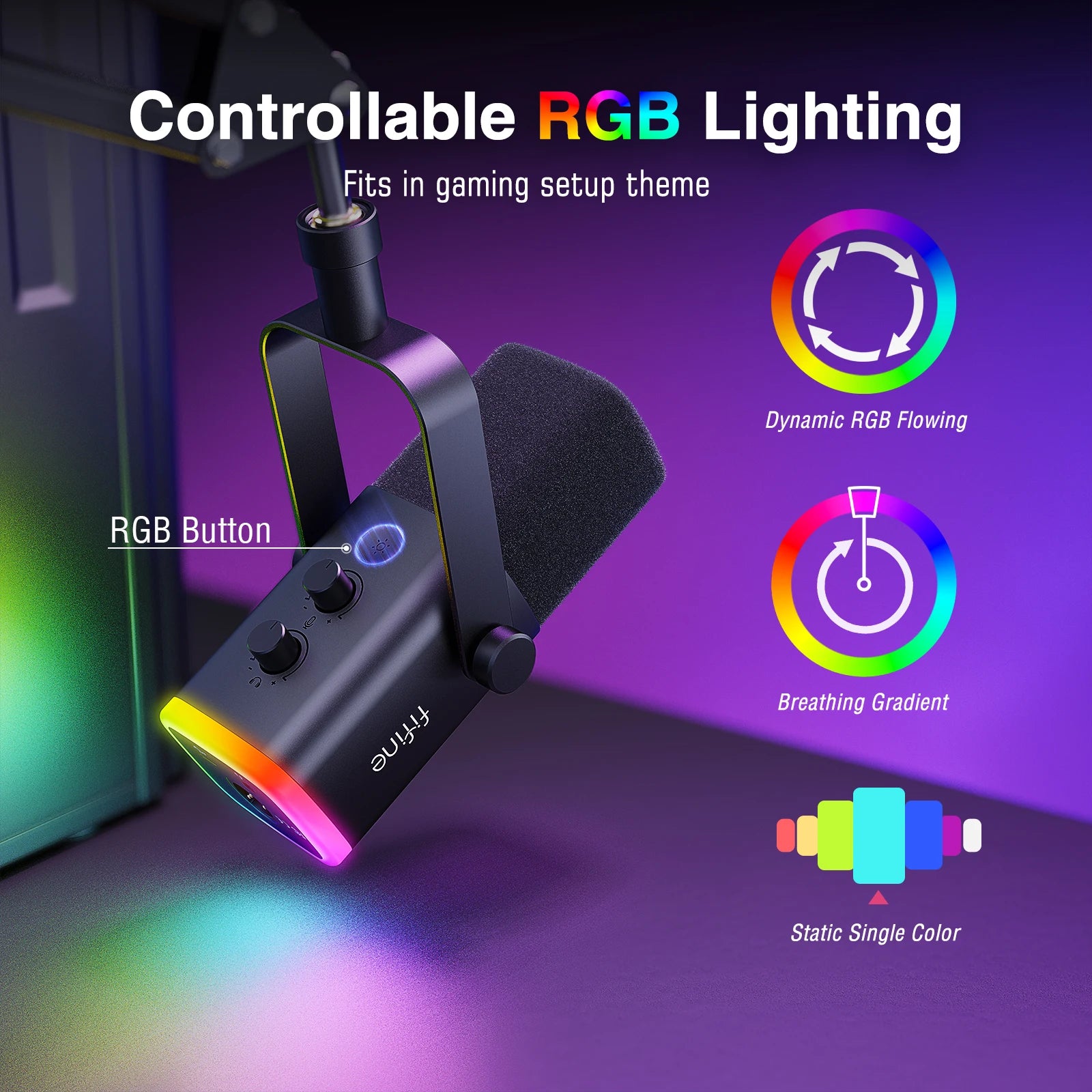 FIFINE AmpliGame AM8T USB/XLR Dynamic Gaming Microphone Kit RGB Boom Arm for PC PS5 Streaming