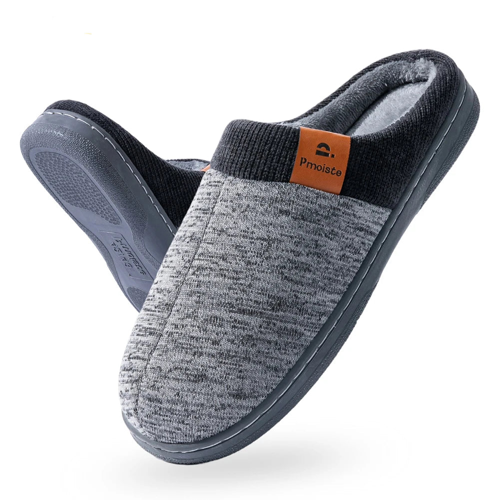 PMOISTE Men’s Knitted Patchwork House Slippers Warm Memory Foam Indoor Winter Shoes