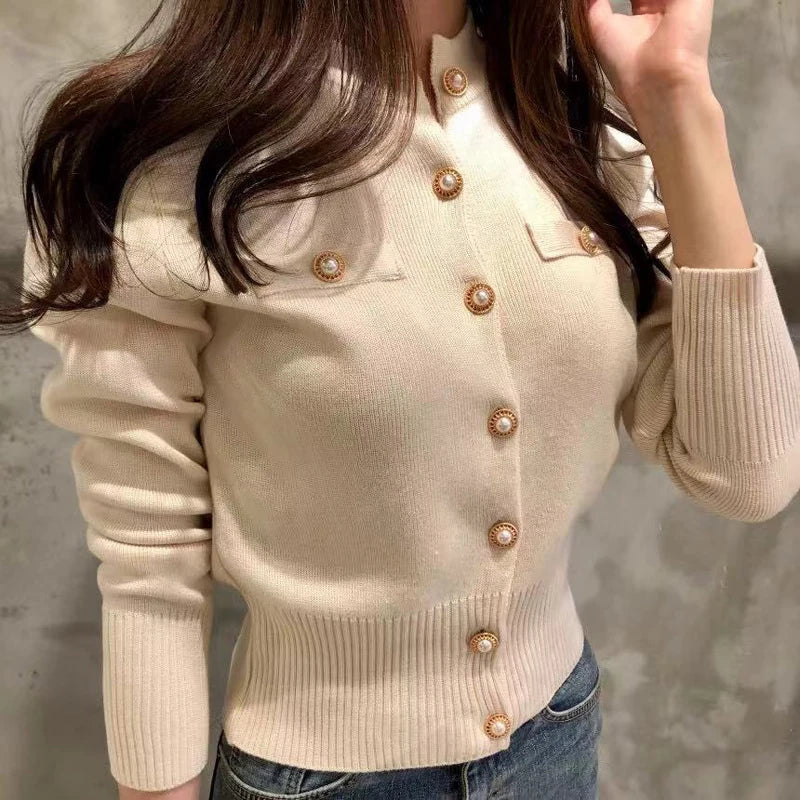 Women’s Autumn Long Sleeve Knit Cardigan Sweater Slim Fit Button O-Neck Casual Office Tops