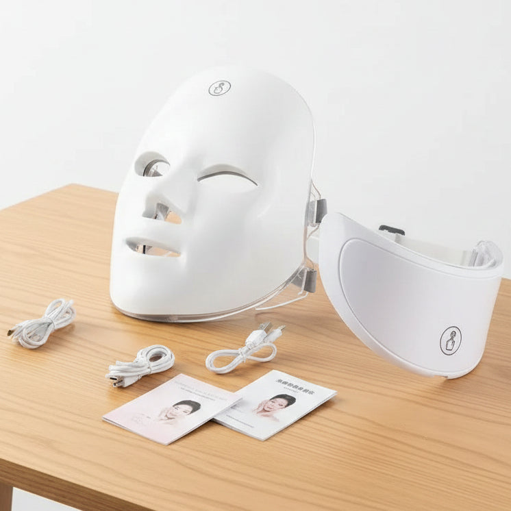 7 Colour LED Facial & Neck Light Therapy Mask Anti Ageing Skin Tightening Acne Care Home Use Device