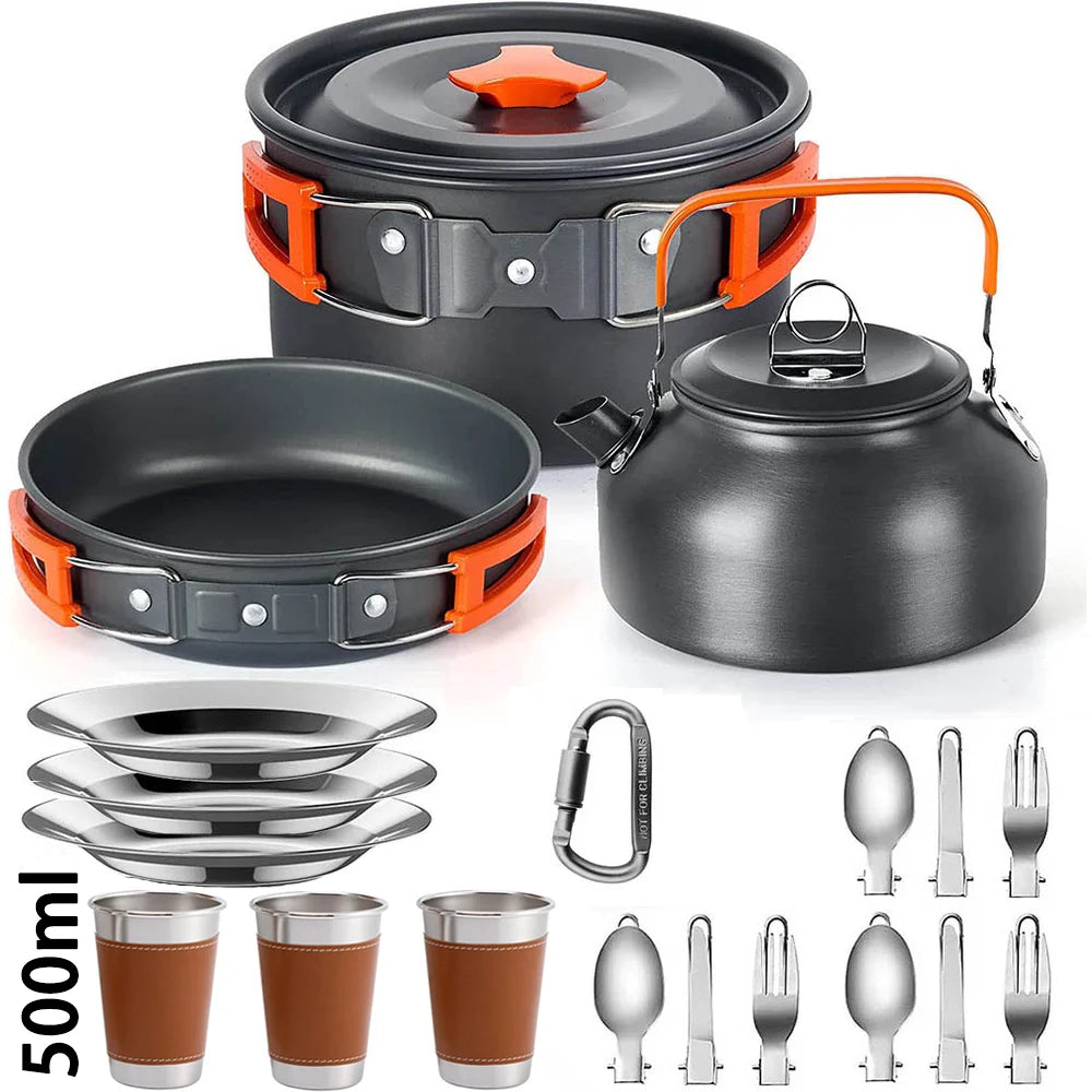 Camping Cookware Set for 2–3 People with Non-Stick Pots Pan and Teapot for Outdoor Cooking