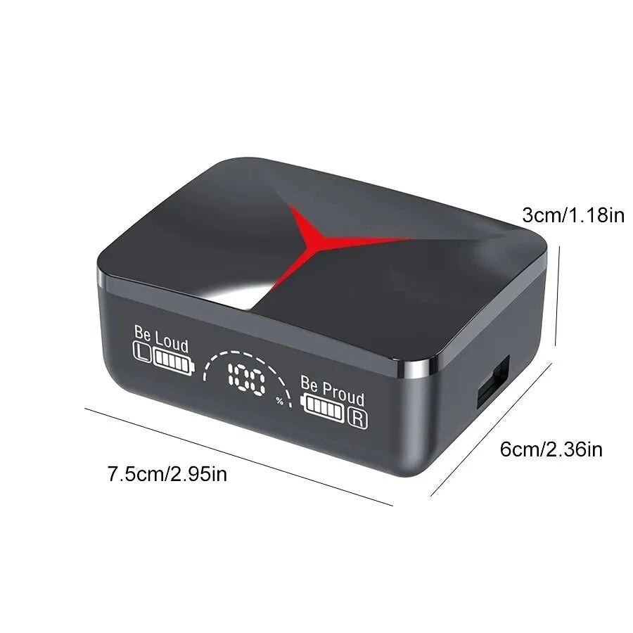 TWS M90 wireless headphones charging case with sleek design, dimensions 7.5cm x 6cm x 3cm, featuring LED indicators.