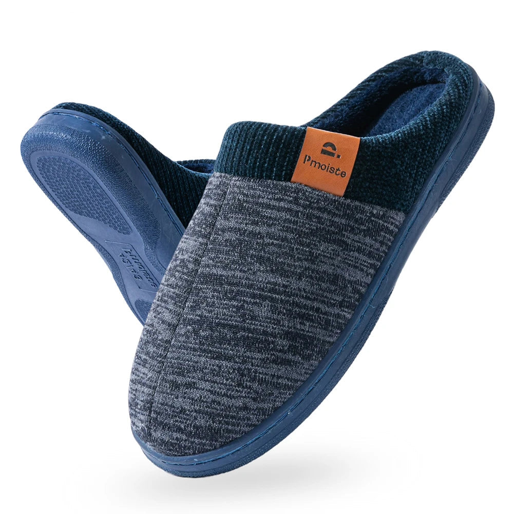 PMOISTE Men’s Knitted Patchwork House Slippers Warm Memory Foam Indoor Winter Shoes