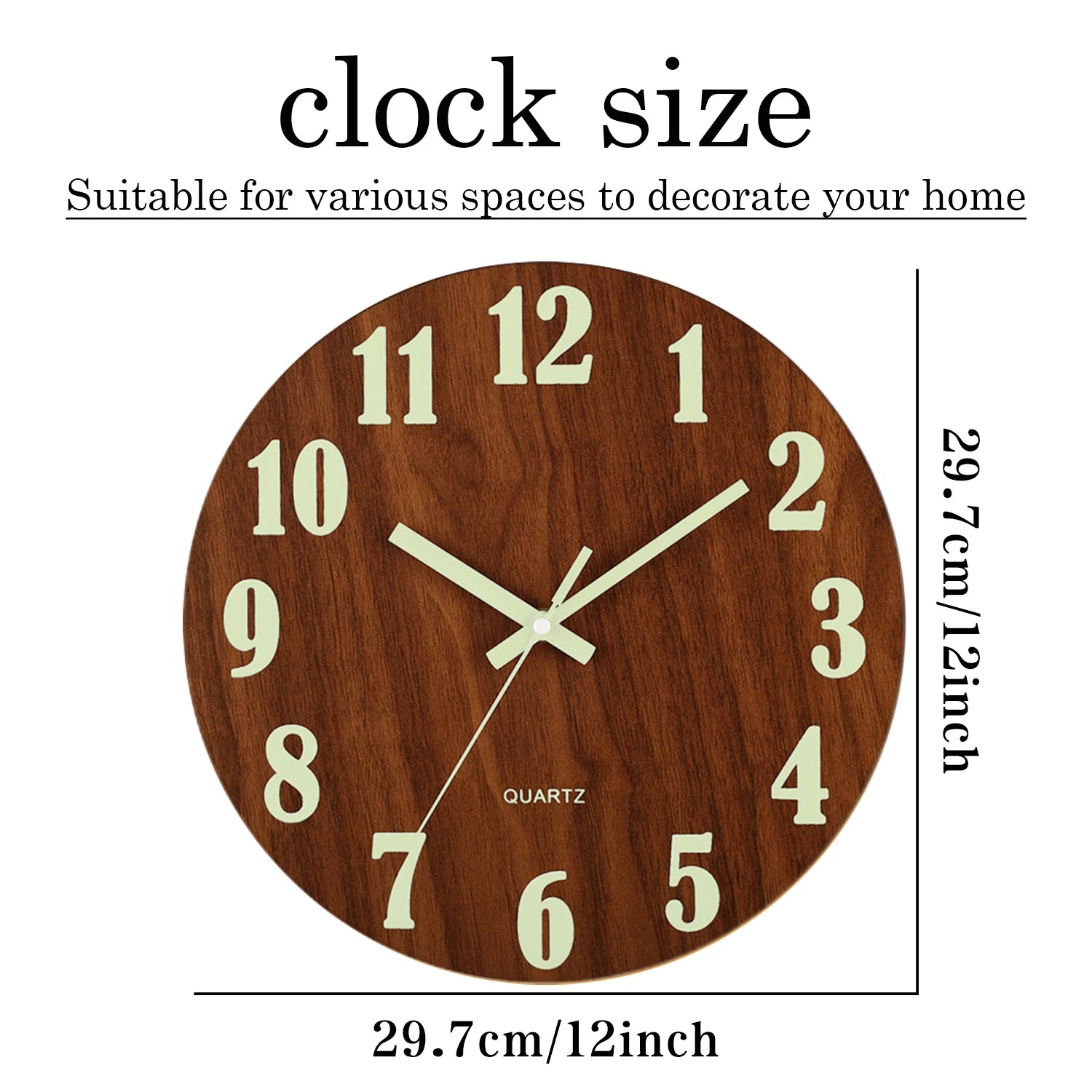12 Inch Luminous Wooden Wall Clock Silent Non Ticking Nordic Style Night Light Modern Home Decor