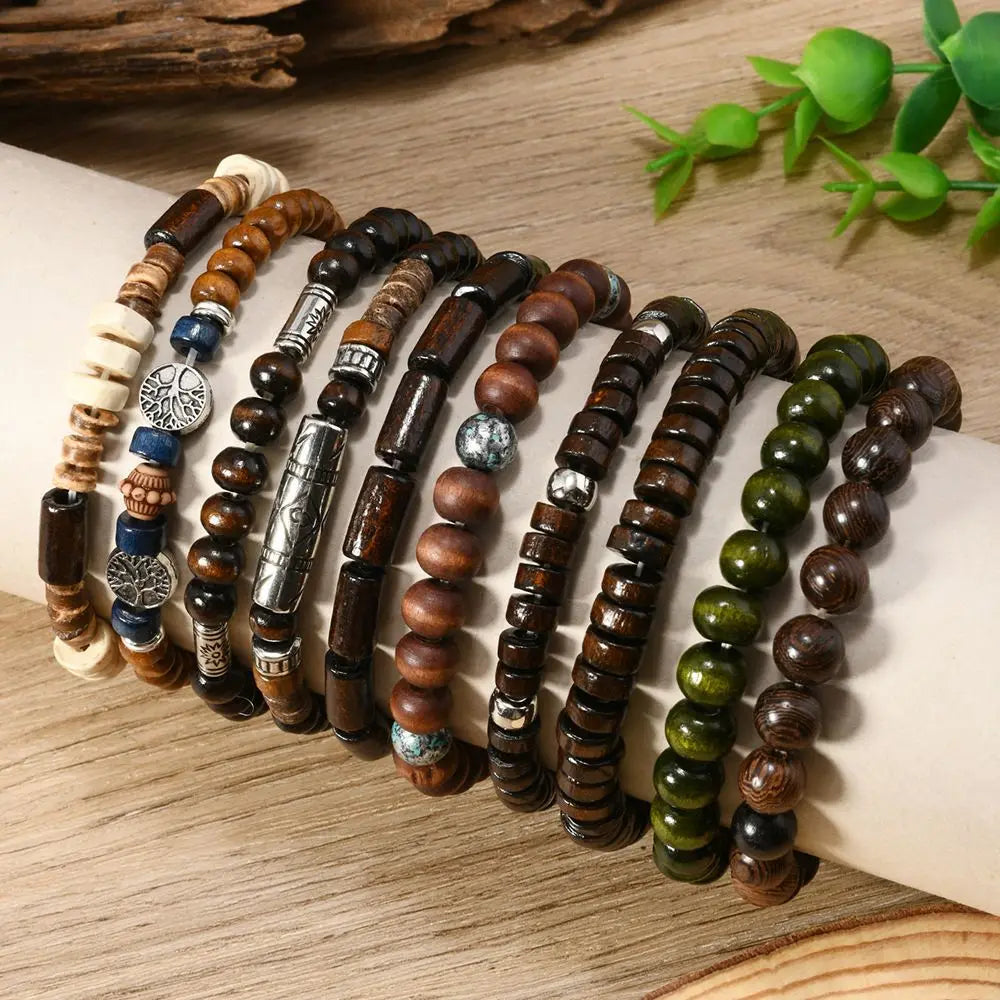 10pcs Bohemian Beaded Bracelets for Vintage Wooden Multi Layer Life Tree Punk Accessory Gift Set