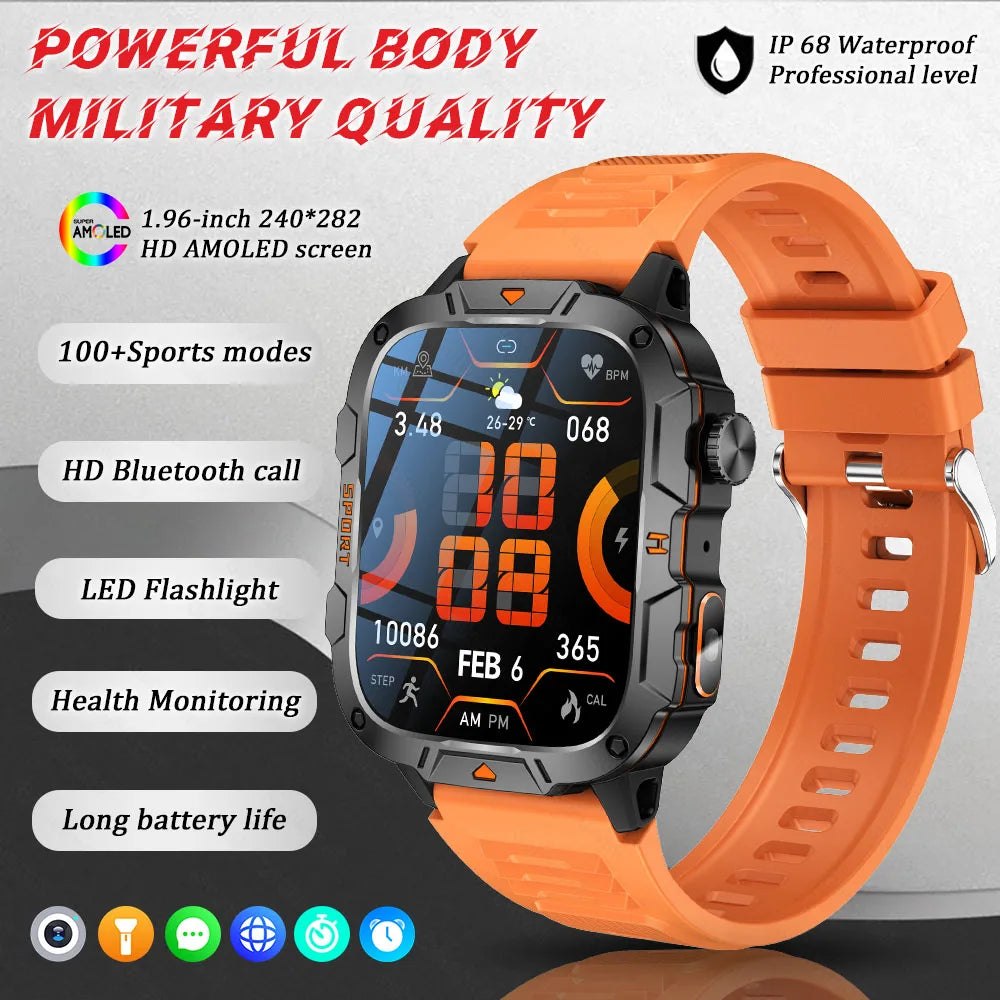 GUHUAVMI Military Grade Smart Watch 1.96in AMOLED Bluetooth Call 5ATM Fitness Tracker 2025