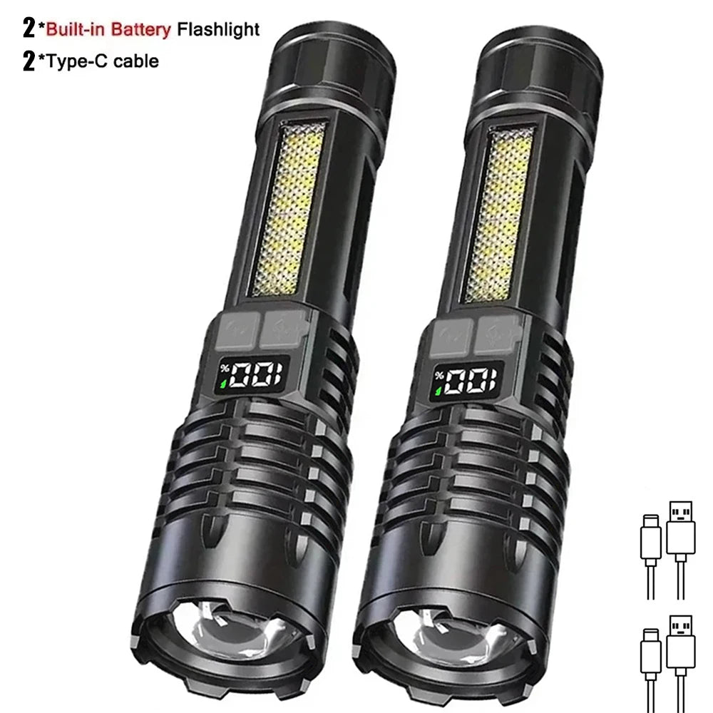 USB-C Rechargeable High Power LED COB Flashlight Torch with Side Light for Camping Hiking Emergency