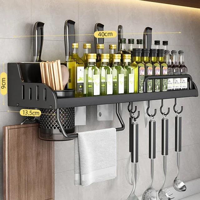 Multifunctional Kitchen Storage Rack Wall-Mounted Spice Holder Cutting Board & Utensils Organiser