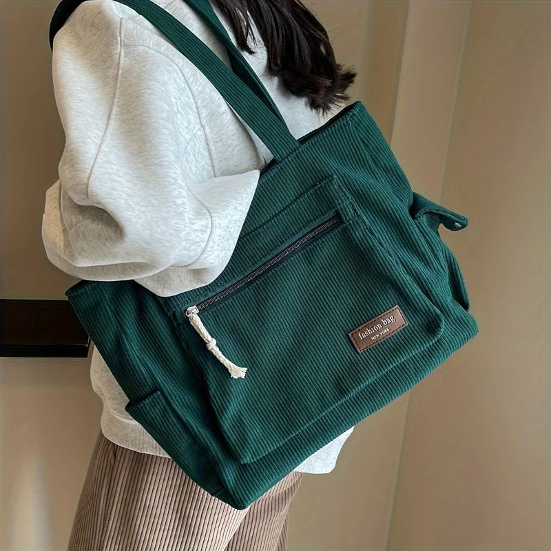 Retro Corduroy Tote Bag Shoulder Handbag with Zipper and Multi Pockets for Work School Shopping
