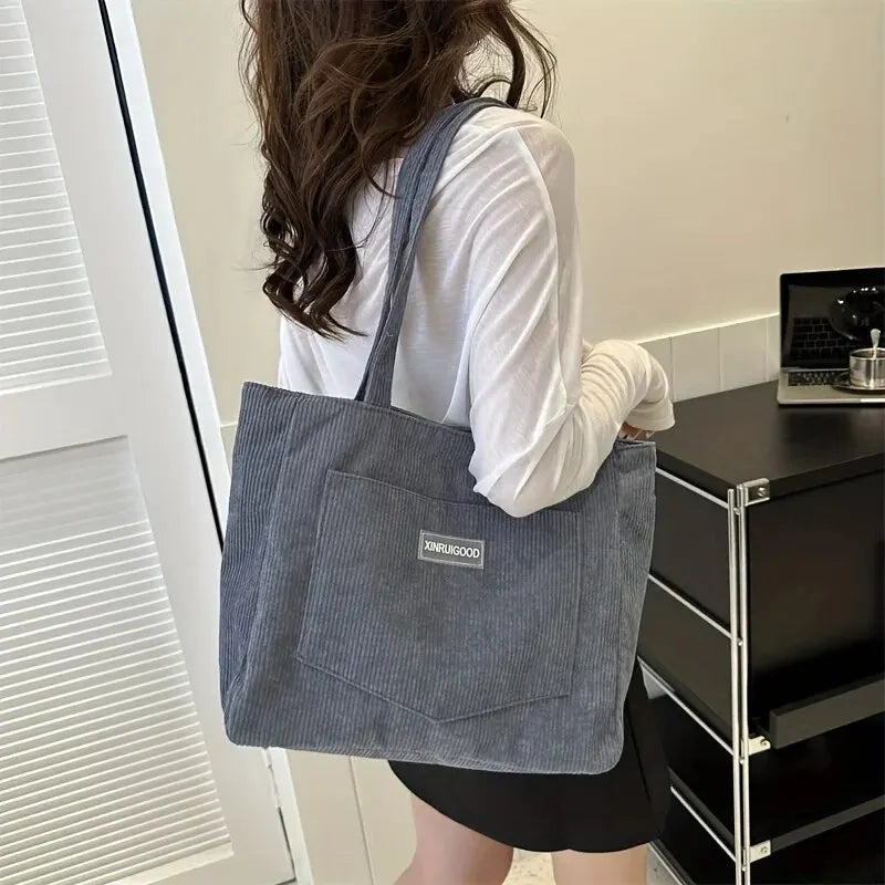 Trendy Corduroy Tote Bag with Front Pocket Large Capacity Casual Shoulder Handbag Women