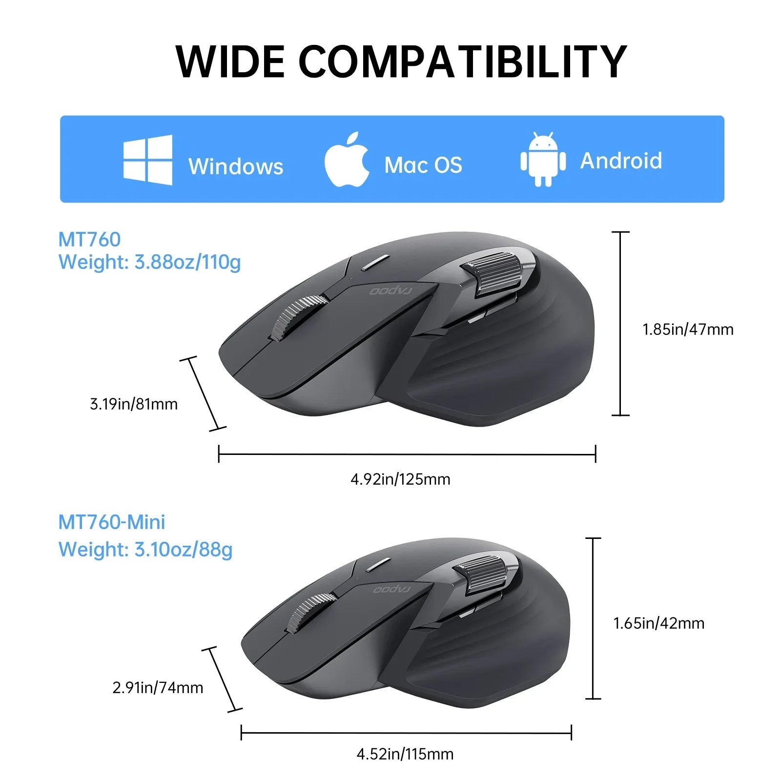 RAPOO MT760L Multi-Device Wireless Mouse Bluetooth Ergonomic 4000DPI Rechargeable Laser Mouse