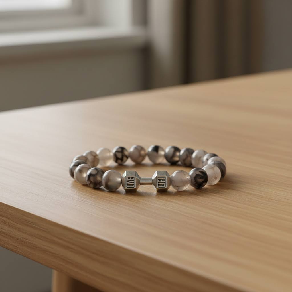 Natural Lava Stone Bead Bracelet for Men & Women with Dumbbell Charm Fitness Jewellery