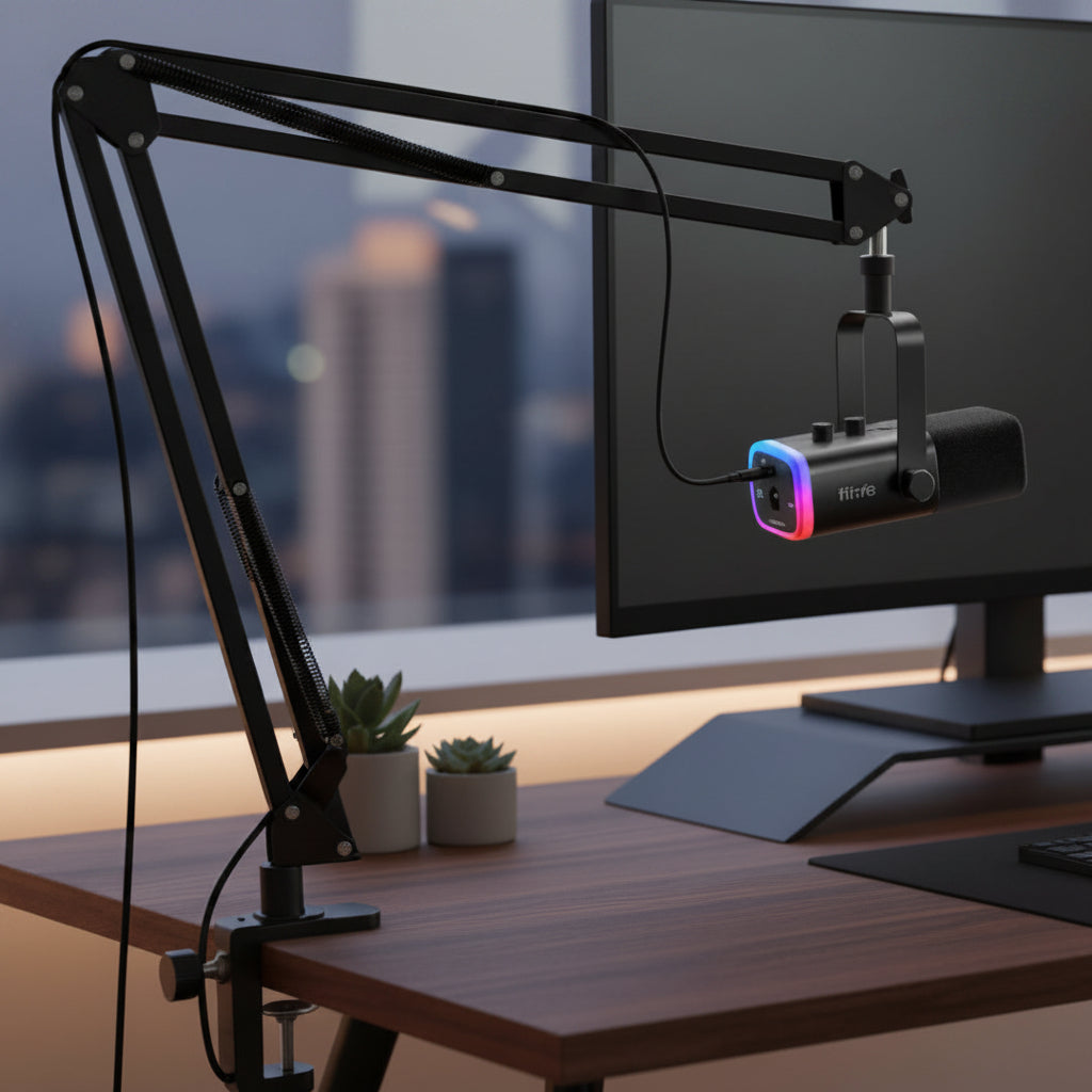 FIFINE AmpliGame AM8T USB/XLR Dynamic Gaming Microphone Kit RGB Boom Arm for PC PS5 Streaming